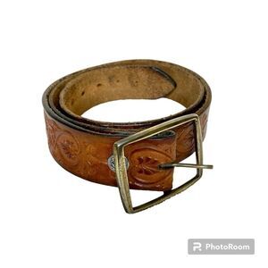 Hand Tooled Leather Belt Decorative Design Scroll Handcrafted Handmade Brown